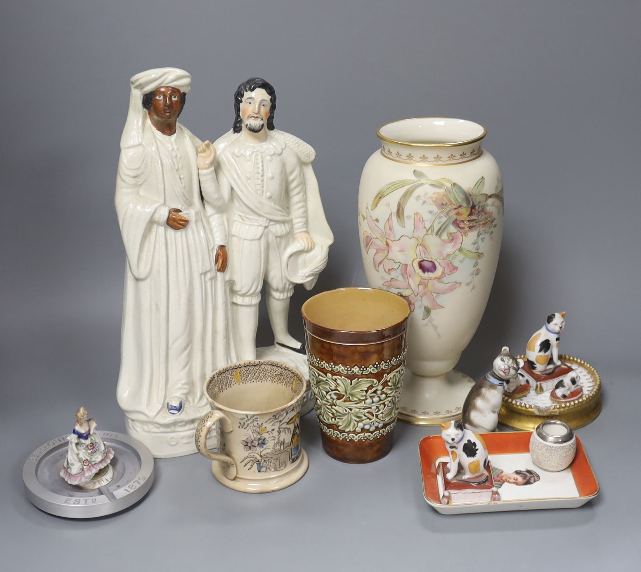 Mixed ceramics including a Staffordshire flat back ‘Othello & Iago, various cat and dog figures, a Doulton stoneware beaker etc.